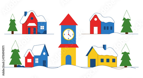 a charming village scene with colorful houses clock tower and snowy trees