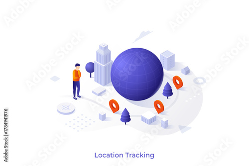 Conceptual template with person looking at globe or planet, map pins and city buildings. Scene for location monitoring application, app for street navigation. Modern isometric vector illustration.