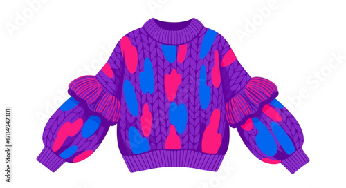 a vibrant purple sweater with colorful patterns and puffy sleeves