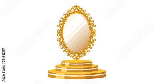 a golden ornate mirror placed on tiered pedestal reflecting light