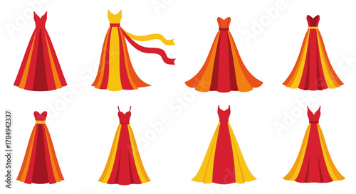 a collection of vibrant red and yellow dresses with flowing designs