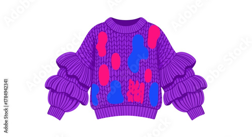 a vibrant purple sweater with colorful patterns and puffy sleeves