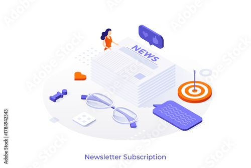 Conceptual template with woman and pile of newspapers, glasses, target. Scene for news storage, archive, reading articles in one place. Modern colorful isometric vector illustration for website.