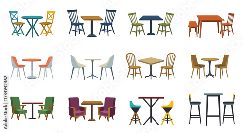 a variety of colorful chairs and tables arranged neatly