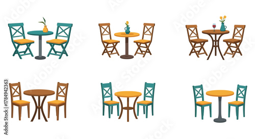 various colorful dining tables and chairs arranged neatly