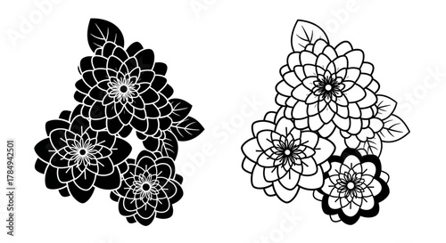 a pair of intricate floral designs with detailed petals and leaves