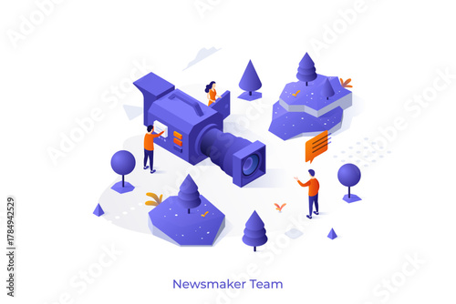 Conceptual template with man talking in front of video camera and people recording it. Scene for news production team, television reporting, newsmaking. Isometric vector illustration for website.