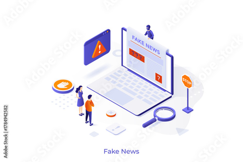 Landing page template with people reading newspaper on laptop computer and warning signs. Scene for fake news, internet media with false misleading information. Modern isometric vector illustration.