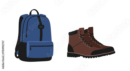 a blue backpack and brown hiking boot side by side