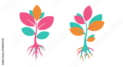 colorful plants with vibrant roots and leaves growing upwards
