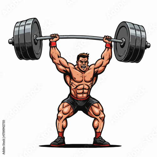 Hyper-muscular cartoon bodybuilder screaming while lifting a massive barbell overhead. Dynamic pose, intense expression, and bold colors capture peak power and determination. Ideal for motivational .