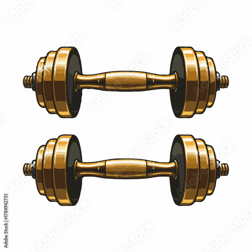 Gleaming golden dumbbells with sparkling highlights, rendered in bold vector style. Perfect for luxury fitness branding, gym promotions, or premium workout concepts. Isolated on white background.