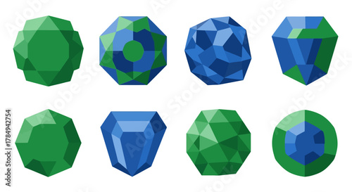 a collection of geometric shapes in various shades of green and blue