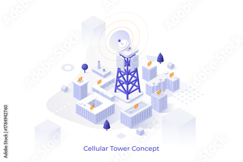 Conceptual template with cellular station with antenna and city buildings. Scene for cell tower, wi-fi signal, internet access, wireless network. Modern isometric vector illustration for website.