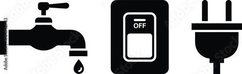 Basic house utilities simple glyph set. Vector pictograms of water tap, light switch, power plug, simple solid silhouette illustration.