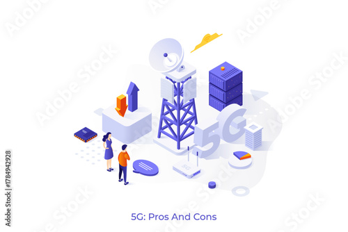 Conceptual template with man and woman looking at cell tower. Scene for pros and cons of 5G technology standard for digital cellular networks. Modern isometric vector illustration for webpage.