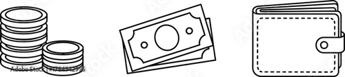  Basic money simple line icon set. Vector pictograms of coin stack, single bill, wallet, thin linear illustration.