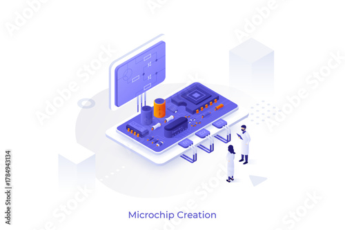 Conceptual template with scientists or engineers creating integrated circuit. Scene for semiconductor microchip or electronic chip development. Modern isometric vector illustration for webpage.
