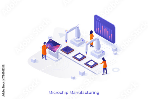 Conceptual template with people working on integrated circuits production. Scene for industrial manufacturing of microchips or microprocessors. Modern isometric vector illustration for website.
