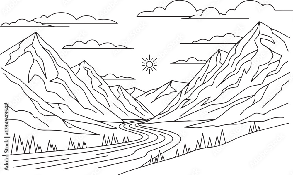 Fototapeta premium Minimalist Line Art Mountain Landscape with Winding River, Sun, and Clouds