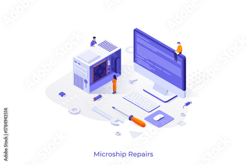 Conceptual template with people reparing integrated circuit or microchip inside system unit. Scene for computer hardware or microprocessor maintenance. Isometric vector illustration for webpage.
