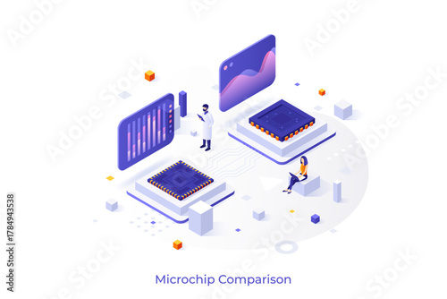 Conceptual template with people and screens with microprocessors performance metrics or indicators. Scene for microchip or integrated circuit comparison. Isometric vector illustration for website.