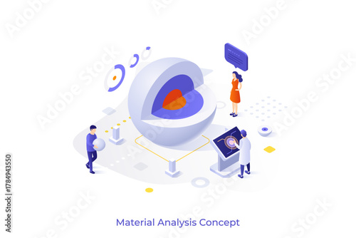 Conceptual template with sphere with cut out piece surrounded by analysts. Scene for future of material analysis or research, nanotechnology. Modern isometric vector illustration for webpage.