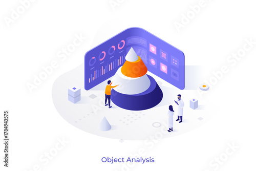 Conceptual template with scientists looking at cone divided into layers and screen with indicators. Scene for structural analysis, study of object components. Modern isometric vector illustration.