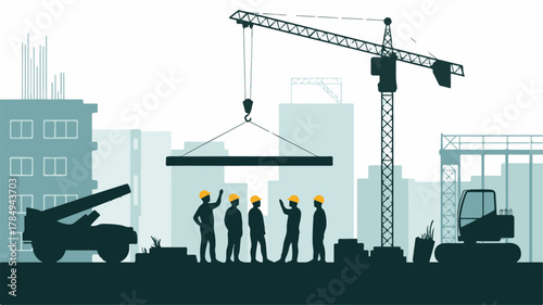 Construction workers oversee crane lifting beam on building site