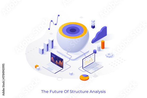 Conceptual template with laptop computers connected to sphere with cut off cap. Scene for future of material analysis or research, nanotechnology. Modern isometric vector illustration for website.