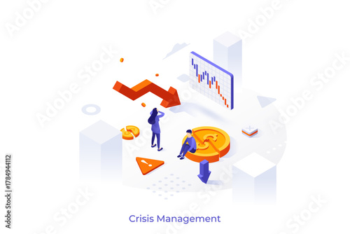 Conceptual template with people, broken coin, descending chart. Scene for crisis management strategy, company financial problem solution. Modern colorful isometric vector illustration for website.