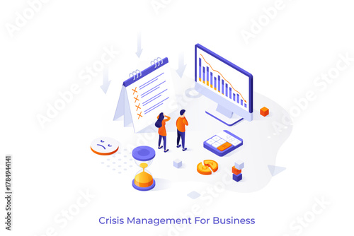 Conceptual template with people looking at descending charts. Scene for guide to crisis management for business, search for resolution of financial problem. Modern isometric vector illustration.