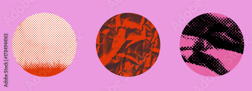 Vector illustration uses a pop art halftone style with bold dots and circles. It features red, black, and pink colors, abstractly arranged in three round shapes against a vibrant pink background.