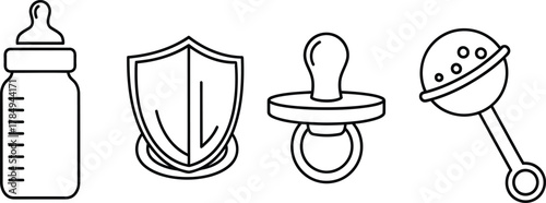 Childcare basics simple line set. Vector pictograms of baby bottle, pacifier, rattle, simple thin stroke illustration.