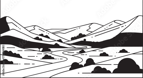 Minimalist Black and White Landscape Illustration with Winding River and Mountains