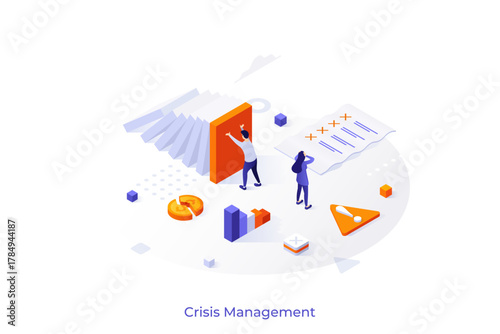 Conceptual template with people looking at falling dominos and documents. Scene for managing company financial crisis, solving business problems. Modern isometric vector illustration for website.