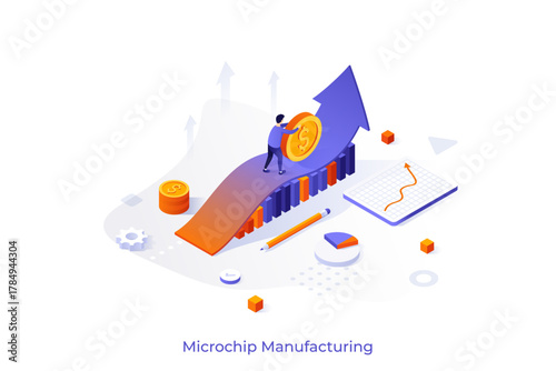 Conceptual template with man rolling dollar coin along ascending arrow graph. Scene for crisis management strategy, rescuing business project. Modern isometric vector illustration for website.