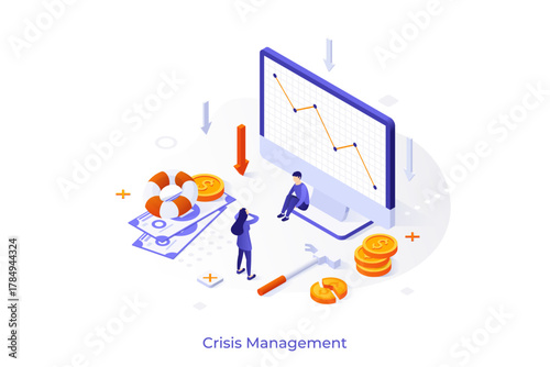 Conceptual template with descending chart on computer screen, people and broken dollar coins. Scene for crisis management strategy, financial business problem. Modern isometric vector illustration.
