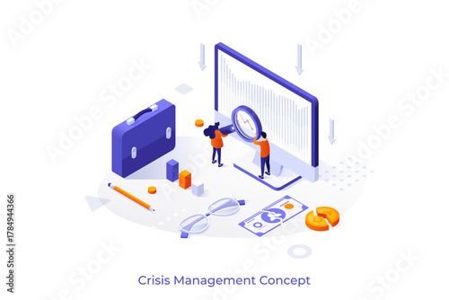 Conceptual template with people looking at bar chart on computer screen through magnifying glass. Scene for crisis management, rescuing business project. Isometric vector illustration for webpage.
