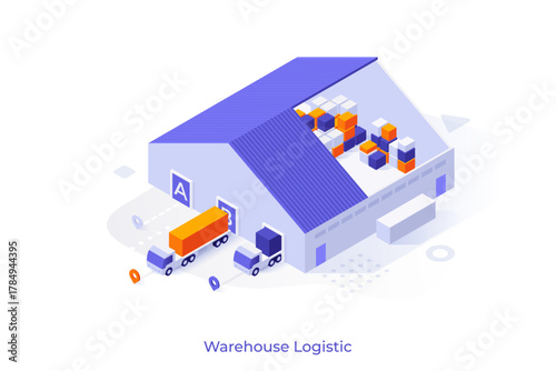 Conceptual template with trucks unloading at warehouse. Scene for cargo transportation and storage, export and import delivery, freight forwarding services. Modern isometric vector illustration.