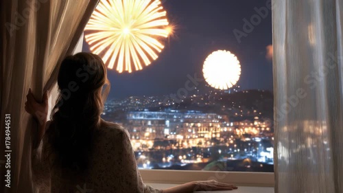Nighttime city lights shimmer as colorful fireworks burst in the sky, viewed from a cozy room. A woman admires the festive display, evoking feelings of joy, hope, and anticipation