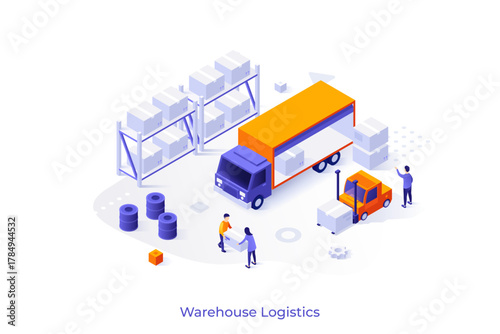 Conceptual template with people loading truck, forklift and boxes on shelving. Scene for warehouse logistics and cargo transportation services. Modern isometric vector illustration for webpage.
