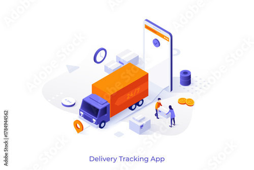 Conceptual template with people loading cargo vehicle and smartphone. Scene for mobile application for express delivery tracking, phone app for logistics service. Isometric vector illustration.