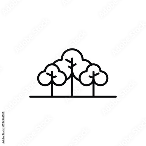 Simple black line art of three trees two smaller on either side of a taller one on a flat ground line