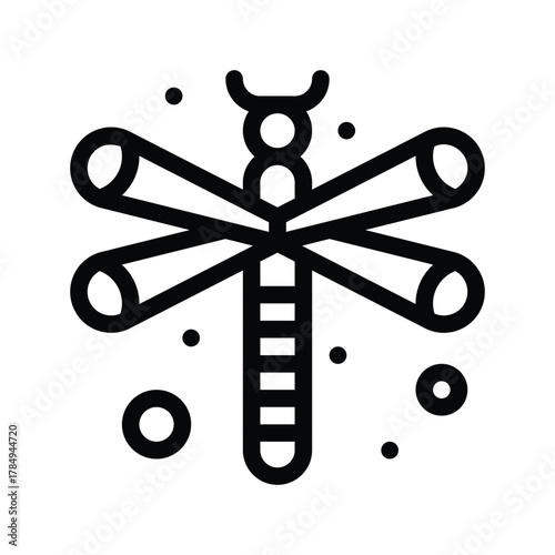 Stylized blackandwhite line drawing of a dragonfly with segmented body and wings ending in circles