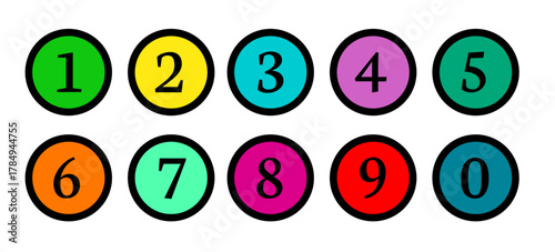 Set of numbers 0 to 9 with simple isolated designs. Set of round number typography 0 to 9. Collection of bullet point number icons.