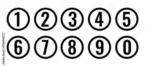 Set of numbers 0 to 9 with simple isolated designs. Set of round number typography 0 to 9. Collection of bullet point number icons.