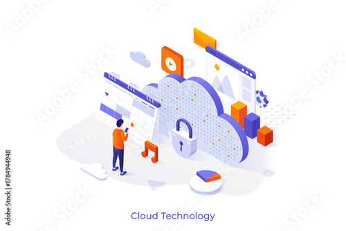 Conceptual template with person looking at planner, multimedia files. Scene for cloud storage service for personal data, online access to digital information. Modern isometric vector illustration.
