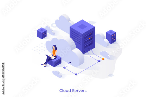 Conceptual template with woman working on laptop connected to server. Scene for cloud computing service or technology, data storage and hosting. Modern isometric vector illustration for website.