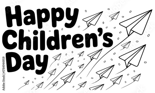 Happy Children's Day Black and White Banner, Hand Drawn Paper Airplanes Flying, Doodle Style Background, Coloring Page Vector, Freedom and Dreams Concept